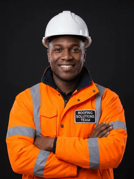 Ethan Brooks, senior roofing specialist, in a hard hat and orange jacket