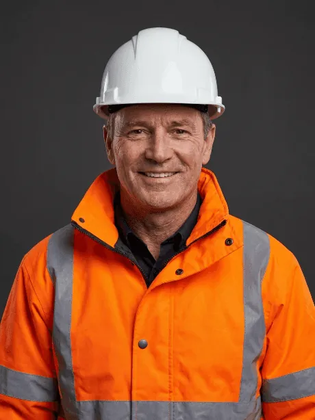 Liam Carter, roof installation supervisor, in a hard hat and orange jacket
