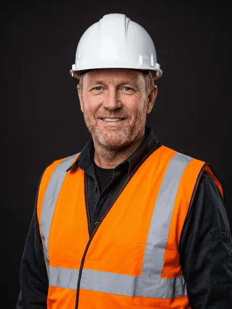 Lucas Bennett, residential roofing consultant, in an orange vest