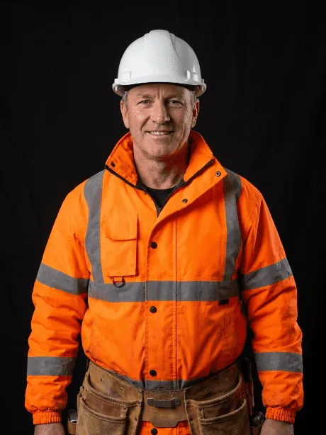Mason Walker, roof repair technician, in a hard hat and orange jacket