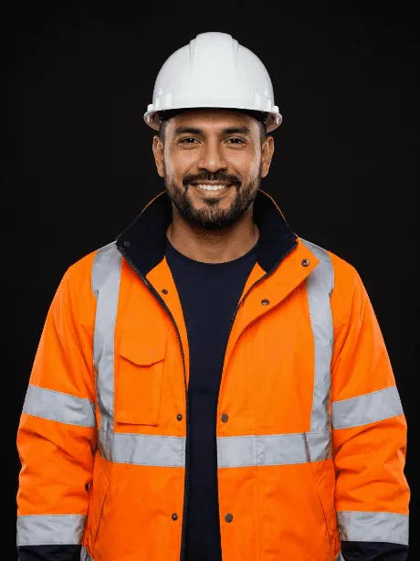 Noah Mitchell, commercial roofing expert, in a hard hat and orange jacket
