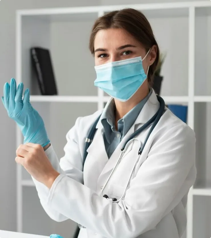 A doctor in a mask pulling on her gloves