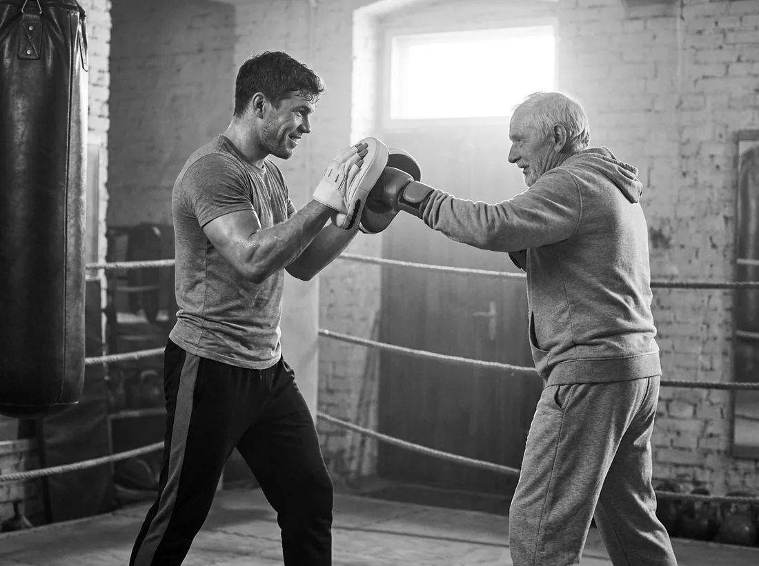 The coach holding pads for an older man boxing in the ring