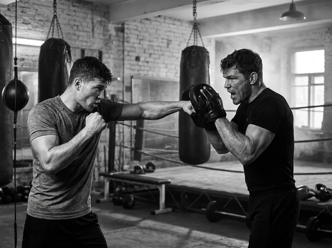 The coach holding focus pads for a boxer during a pad work session