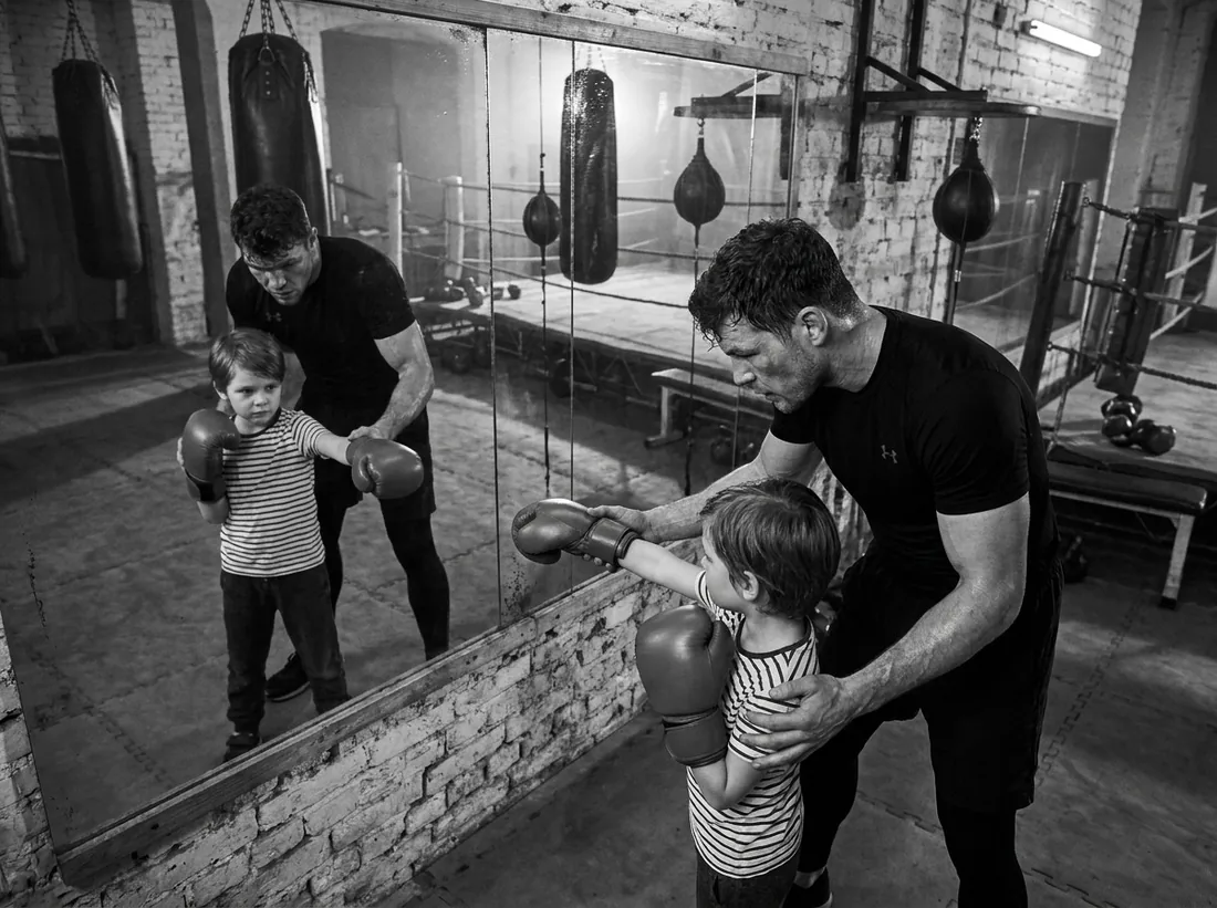 The coach showing a young boy how to throw a punch in front of a gym mirror