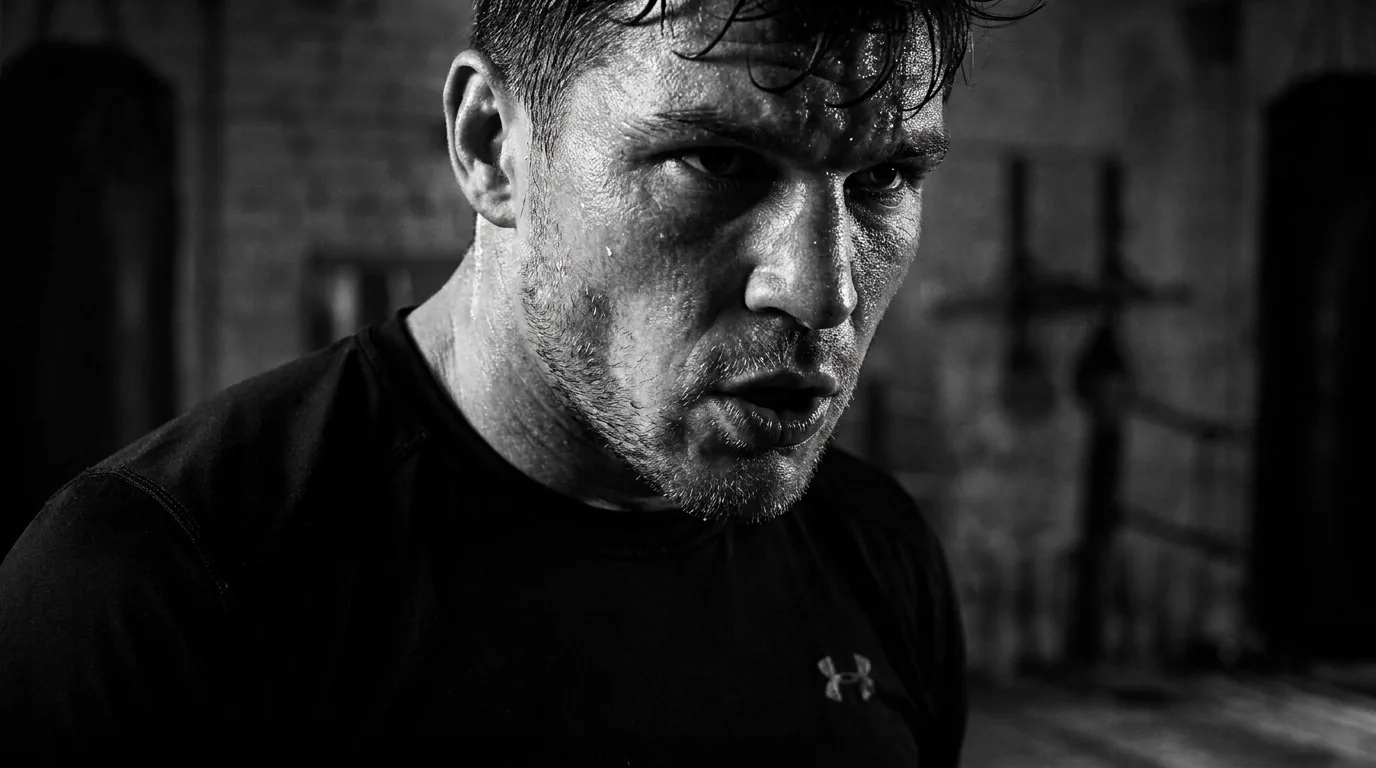 Close-up of a sweating boxer catching his breath after training
