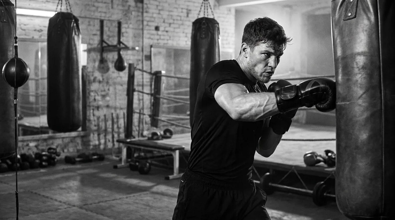 A boxer throwing a punch at a heavy bag in a gritty boxing gym