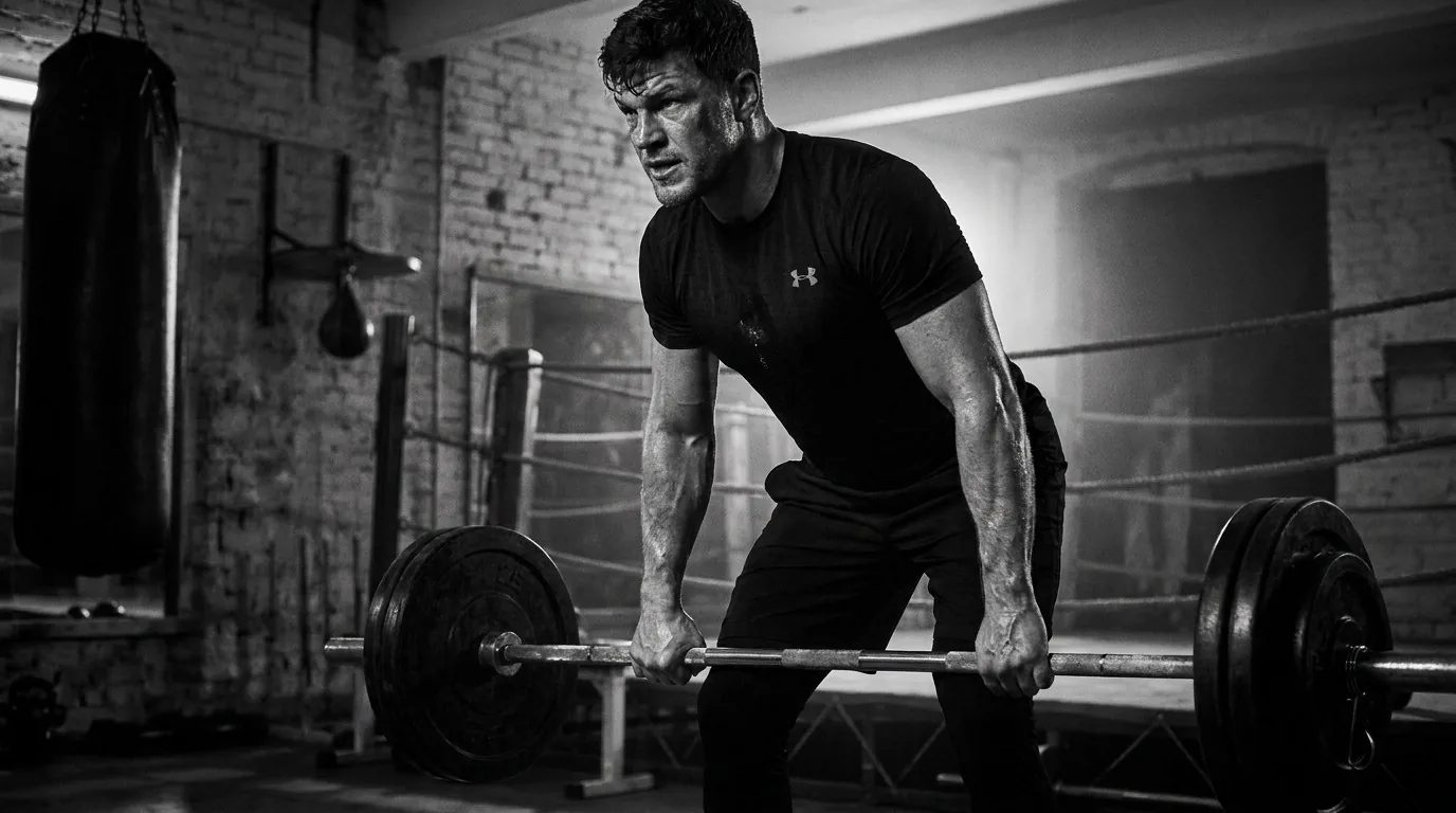 A boxer bending over a barbell beside the ring before a workout