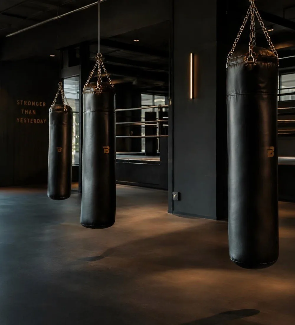 Heavy punch bags hanging beside a boxing ring in a dark gym
