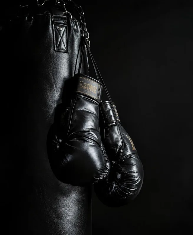 A pair of black leather boxing gloves hanging from a heavy bag