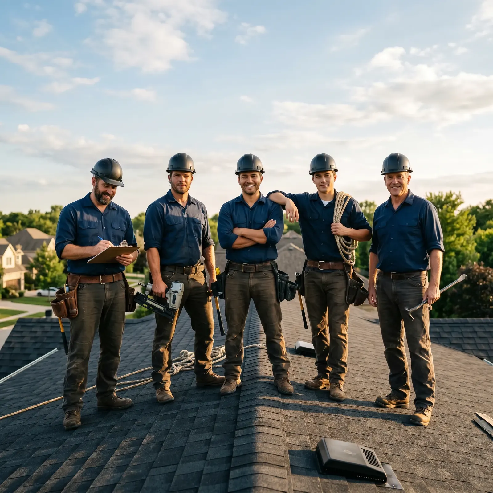 Five roofers in hard hats standing on a residential roof