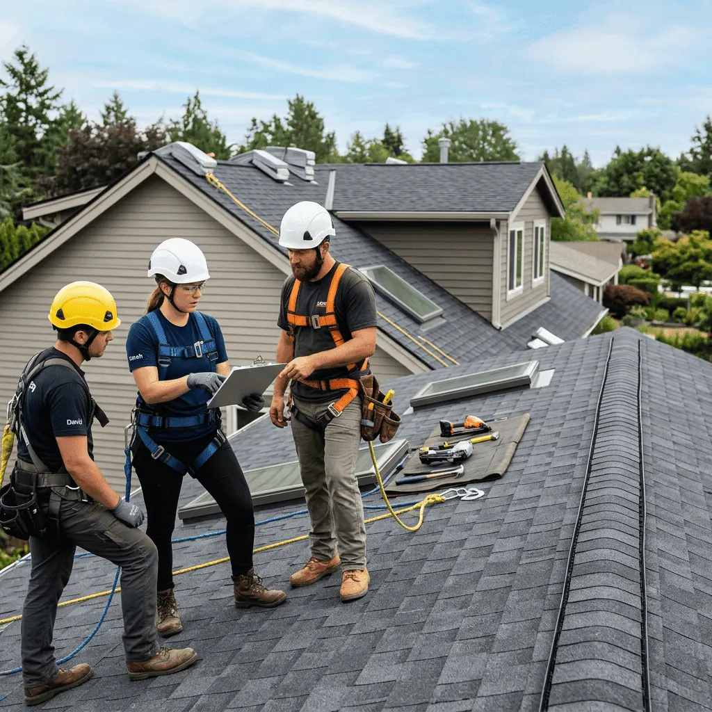 Three roofers reviewing plans on a shingle roof