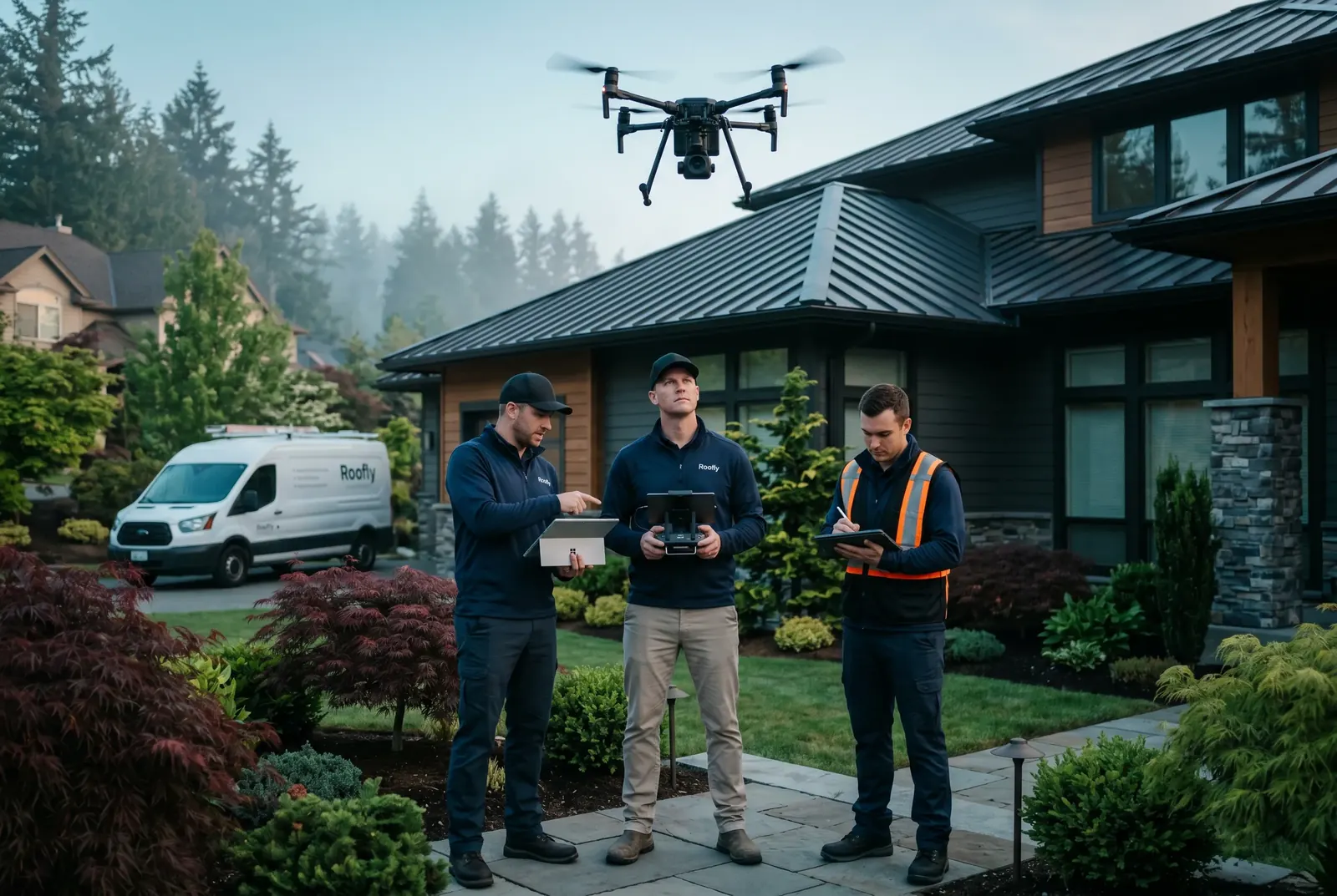 An inspection team outside a modern home with a drone overhead