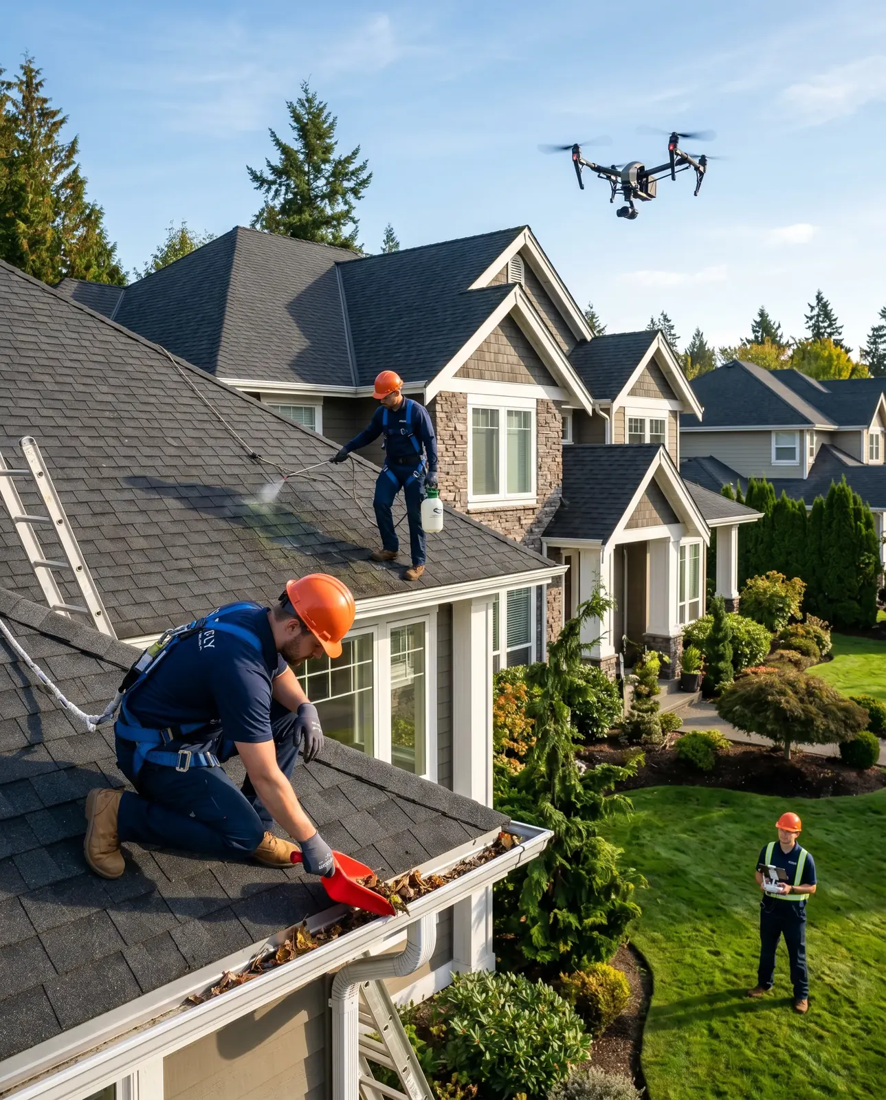 A crew cleaning gutters on a house while a drone inspects the roof