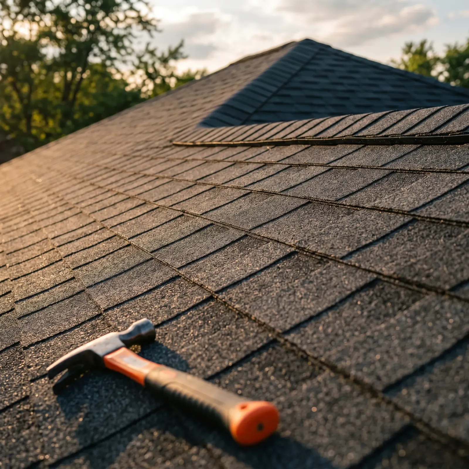 A claw hammer on a dark shingle roof at golden hour