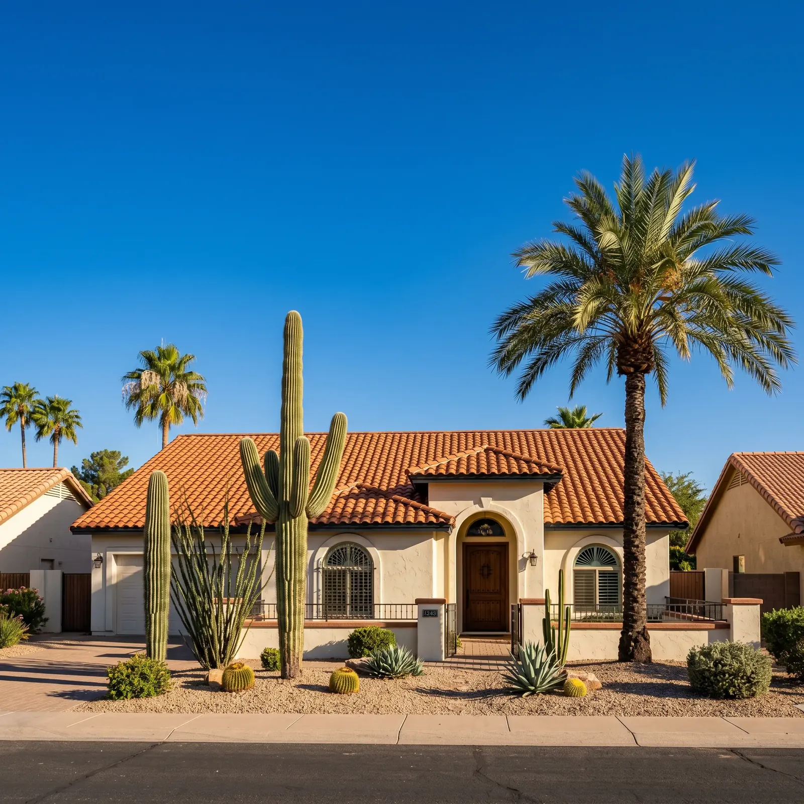 A desert-style home with palm trees, cacti and a tiled roof