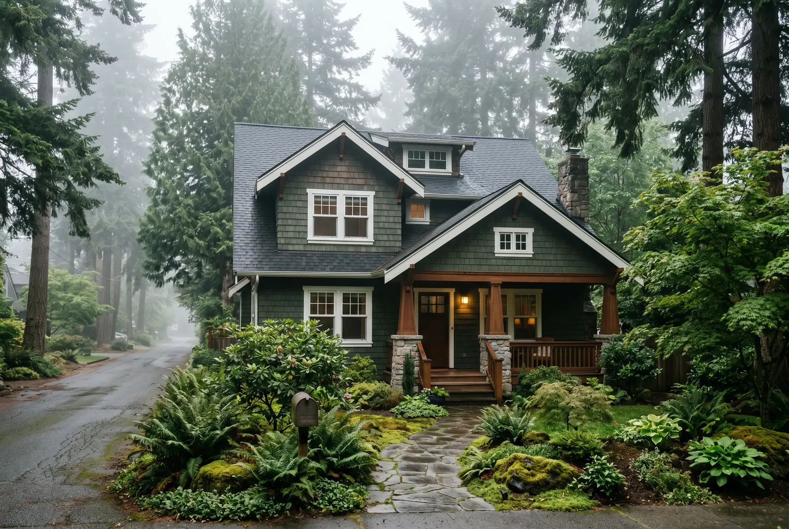 A cabin-style house among misty forest trees