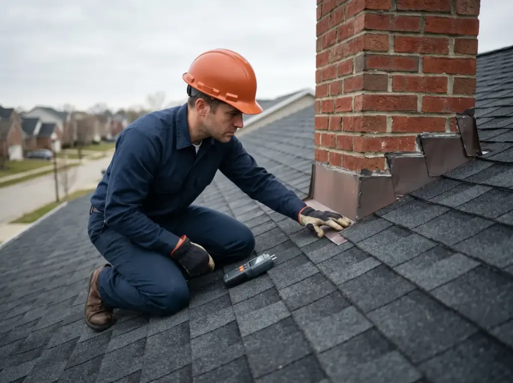 A roofer inspecting shingles beside a brick chimney