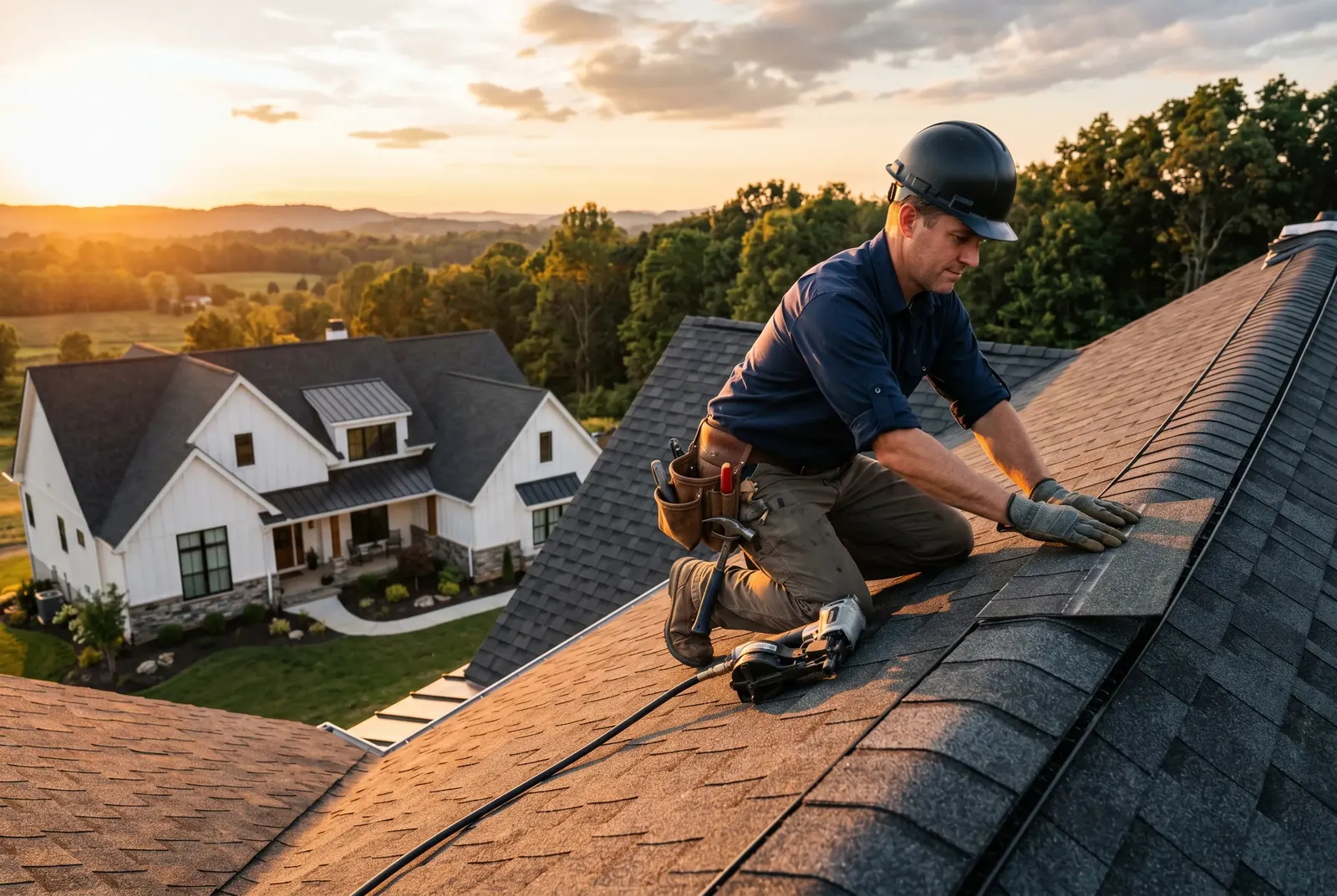 A roofer installing shingles on a house at sunset