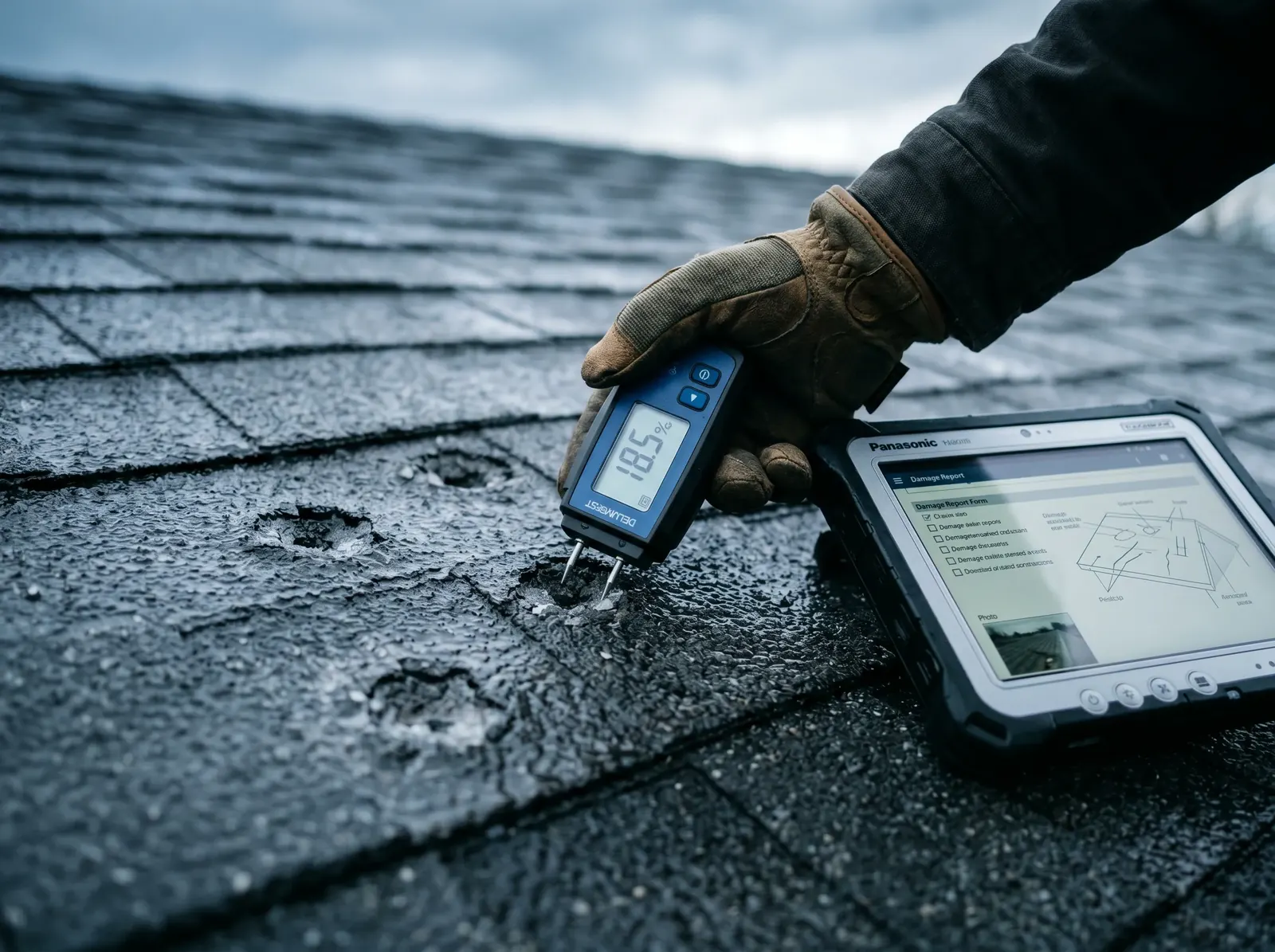 A moisture meter checking damaged asphalt shingles