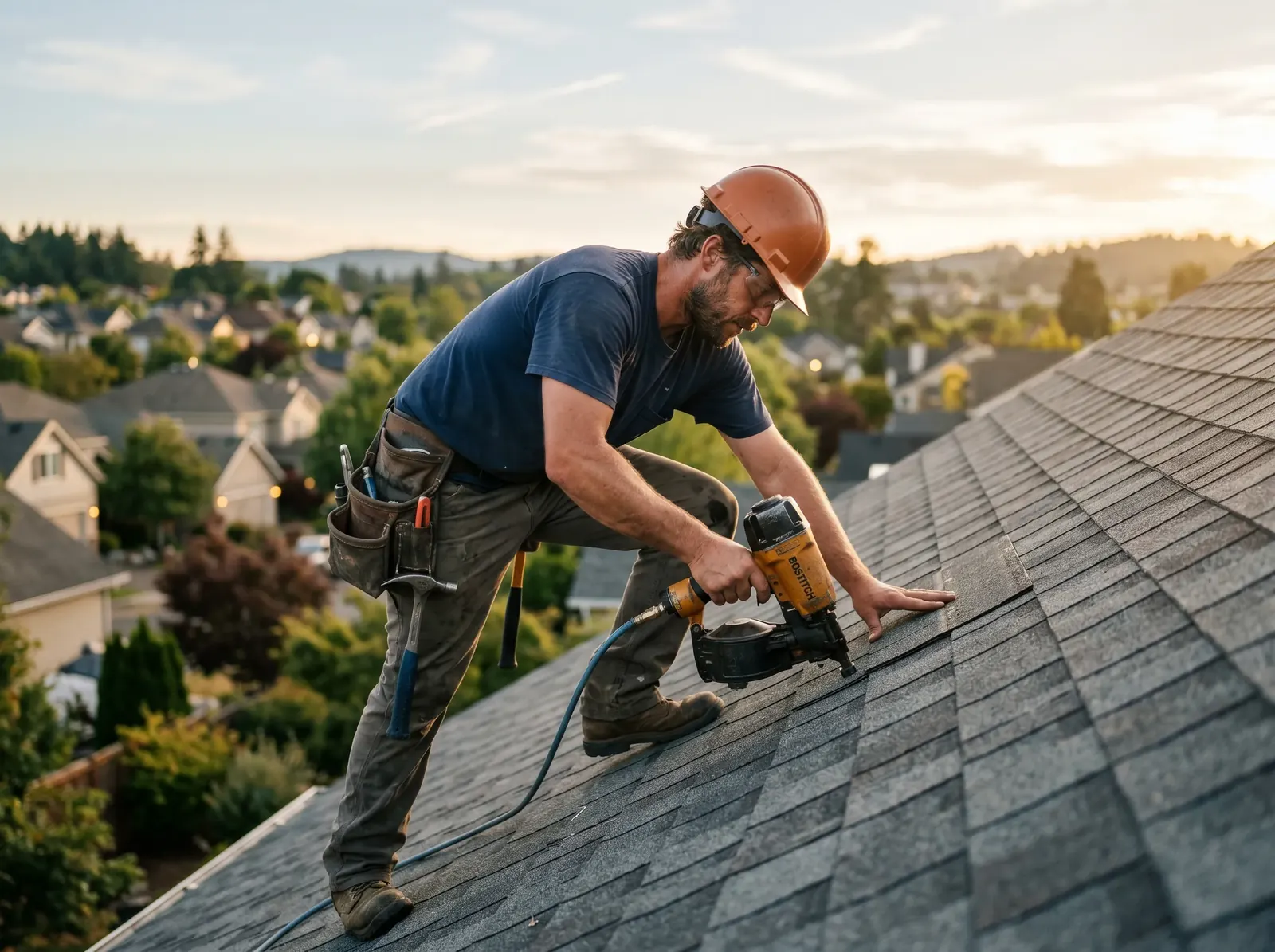 A roofer in a hard hat fixing shingles with a nail gun