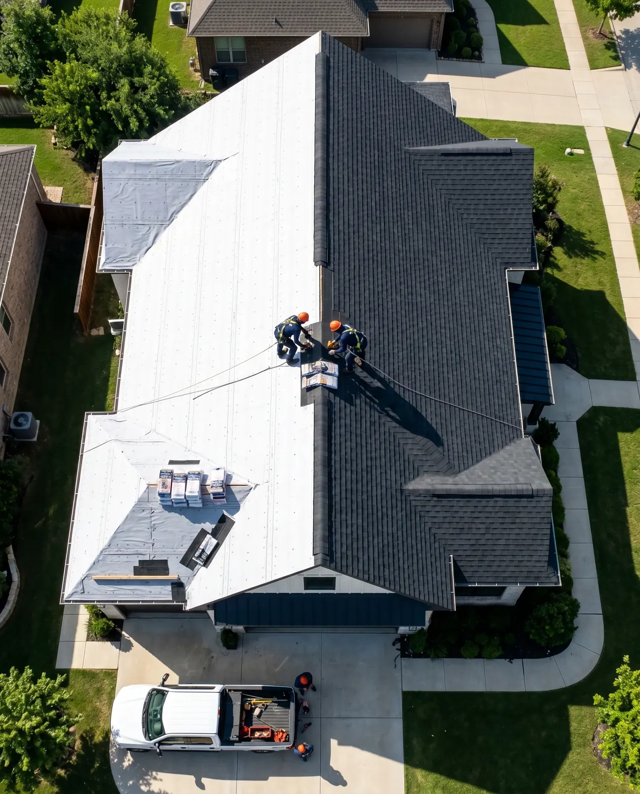 Aerial view of a crew re-shingling a roof, half new shingles, half underlayment