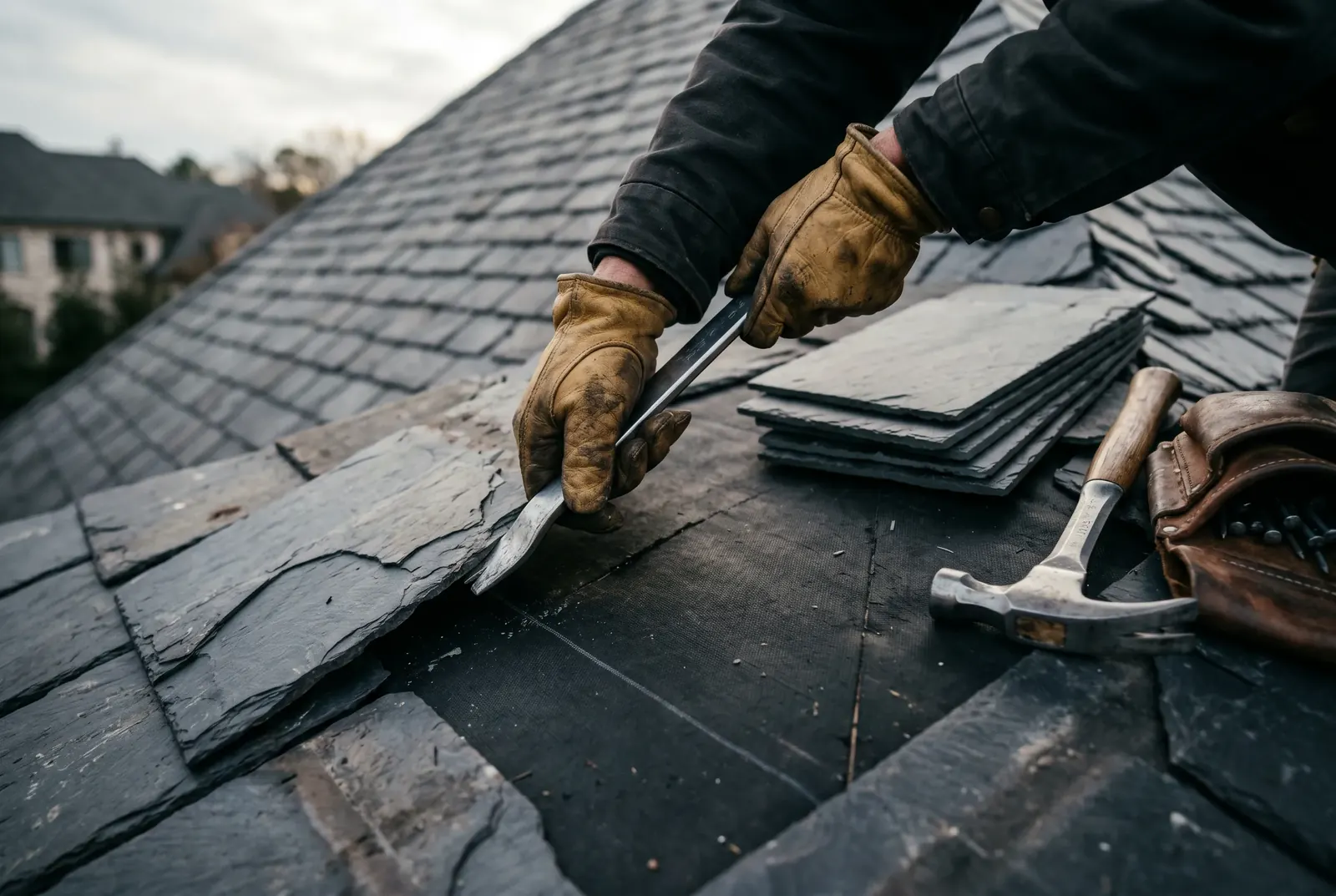 Close-up of a roofer repairing slate tiles with a hammer
