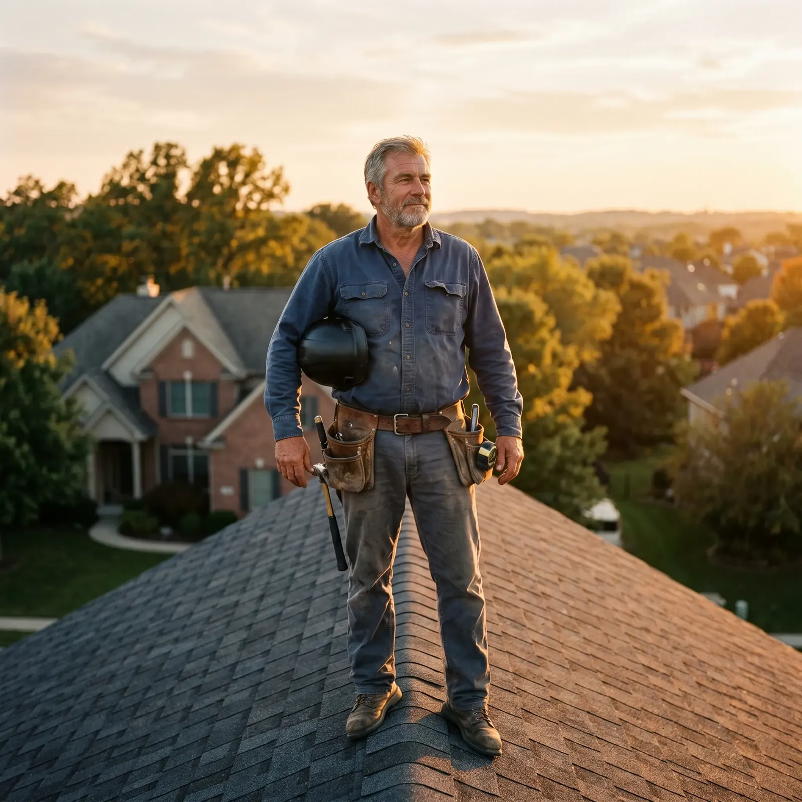 A roofer with a tool belt standing on a house roof at sunset
