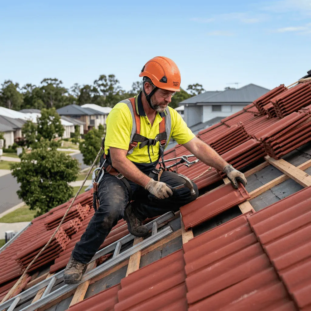 A roofer in a helmet and harness laying roof tiles