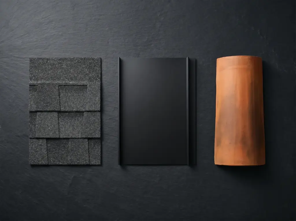 Asphalt shingle, metal panel and clay tile samples on a dark ground