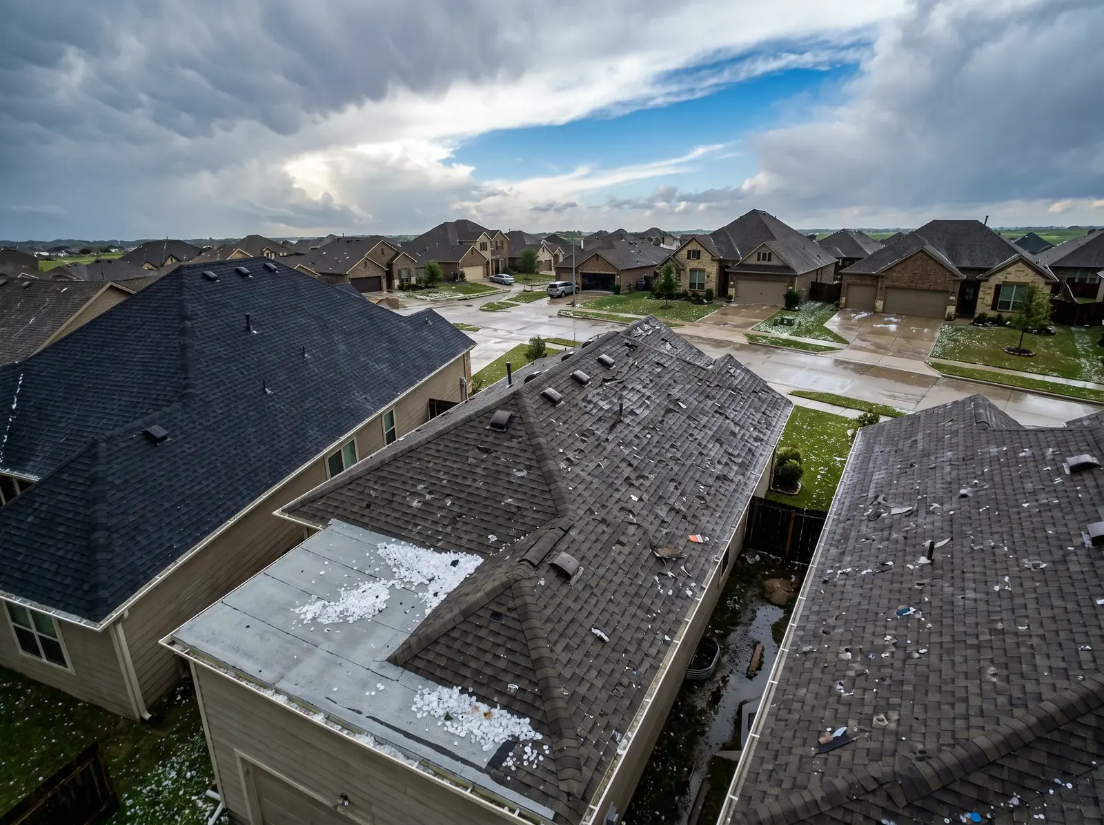 Aerial view of suburban roofs with storm damage and repair patches