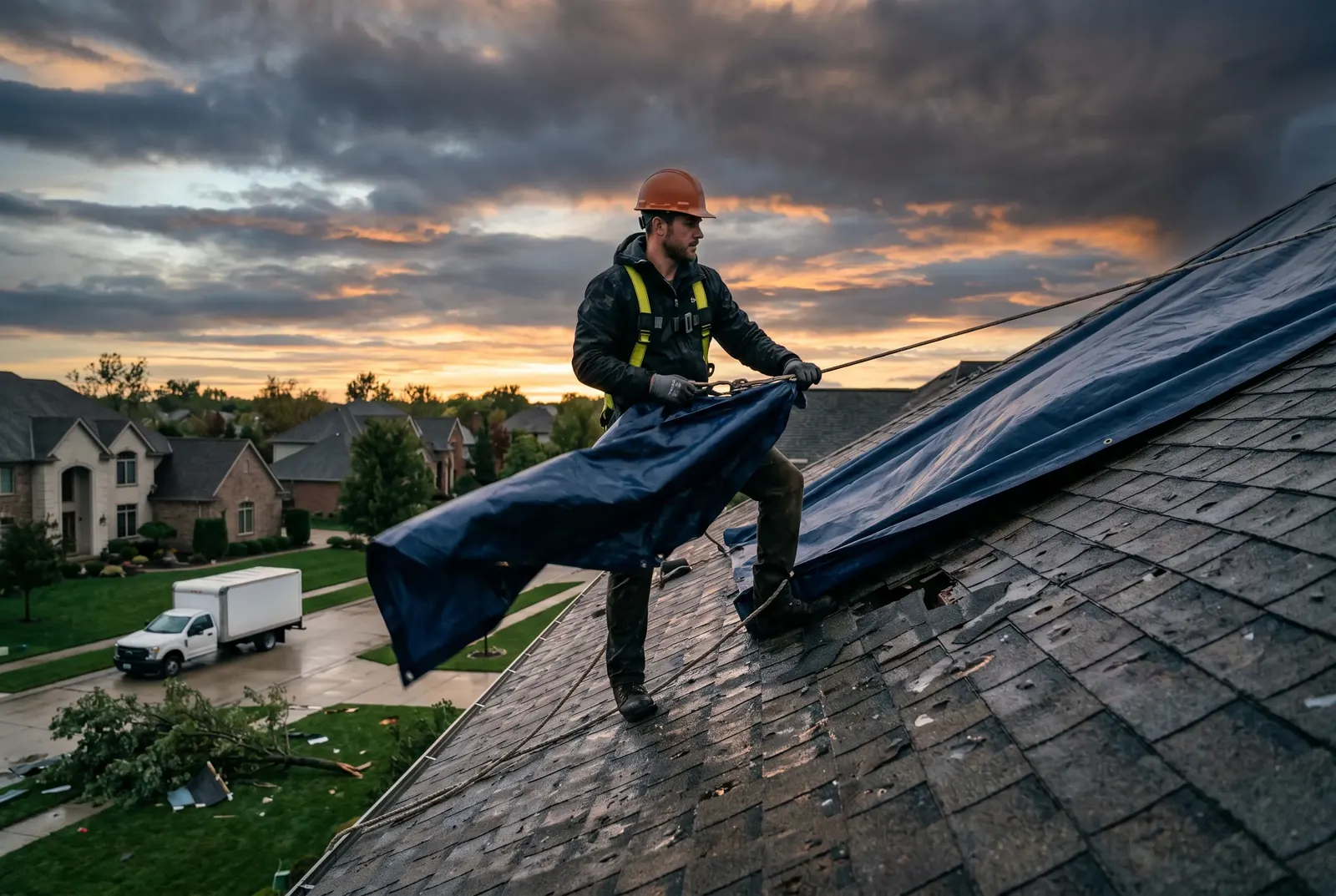 A roofer laying a tarp over a storm-damaged roof at dusk