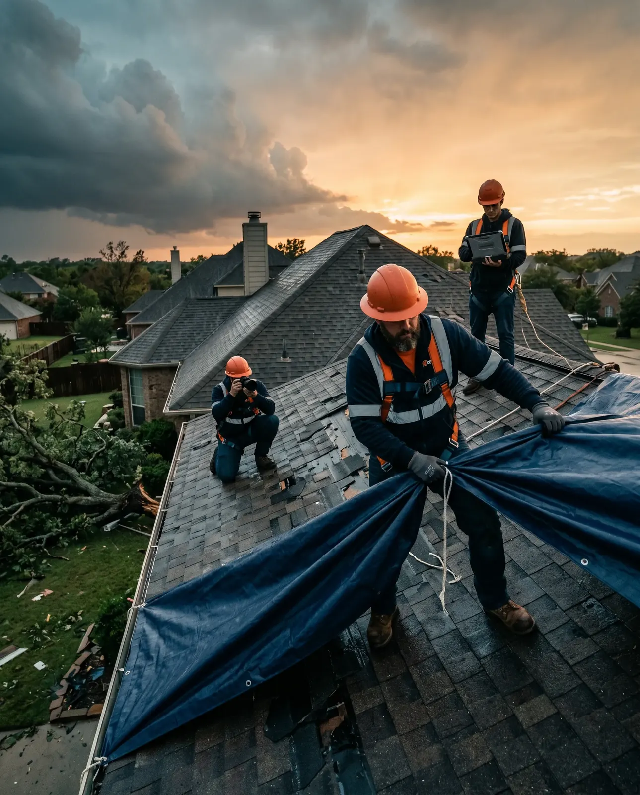 A crew in orange hard hats tarping a storm-damaged roof under dark clouds