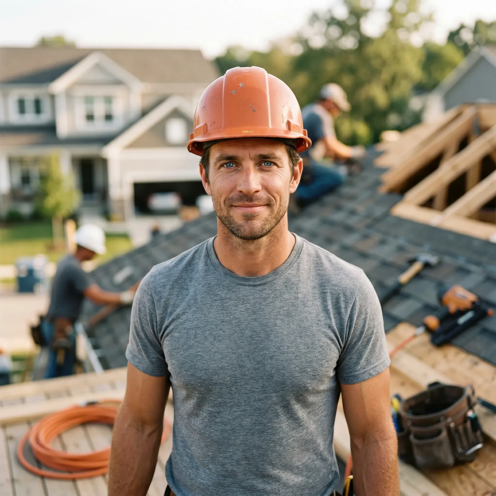 Cole Bennett, lead foreman, on a roof in a hard hat