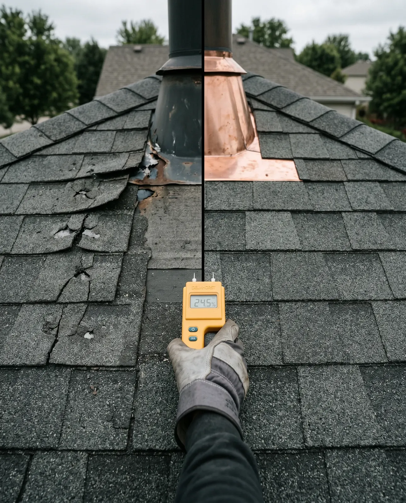 A roofer measuring cracked shingles around a vent pipe with an infrared thermometer