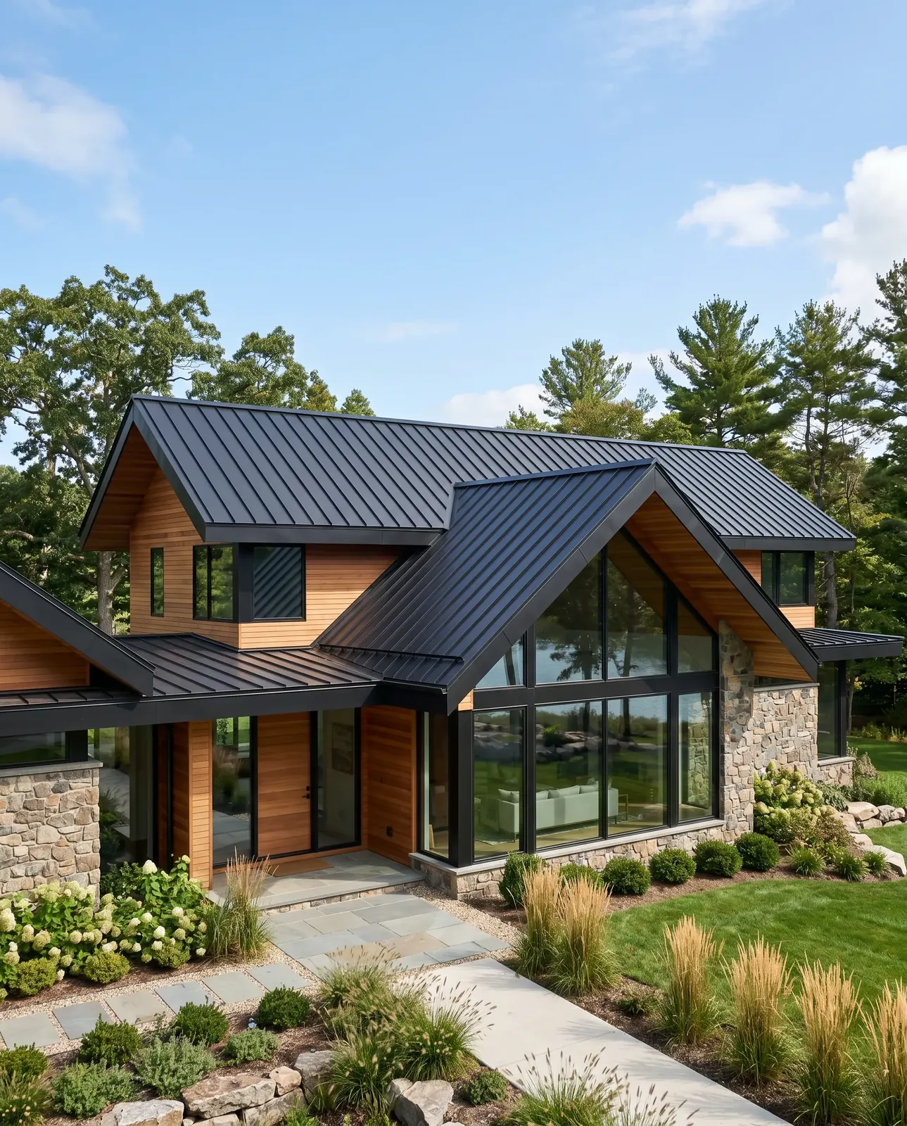 A modern wood, stone and black-roof house with large windows
