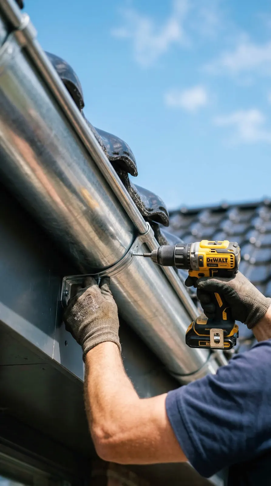 A worker fixing a metal gutter with a drill