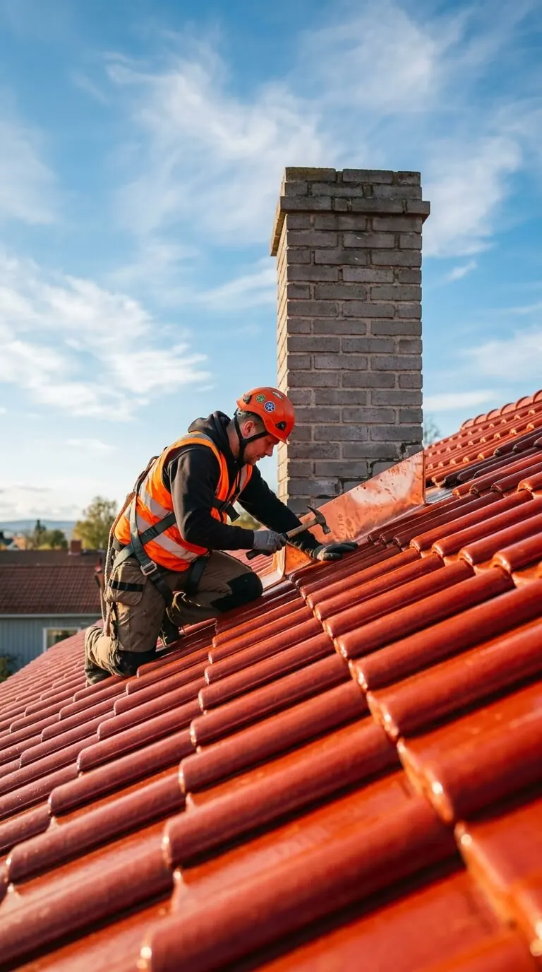 A roofer fitting red tiles beside a brick chimney