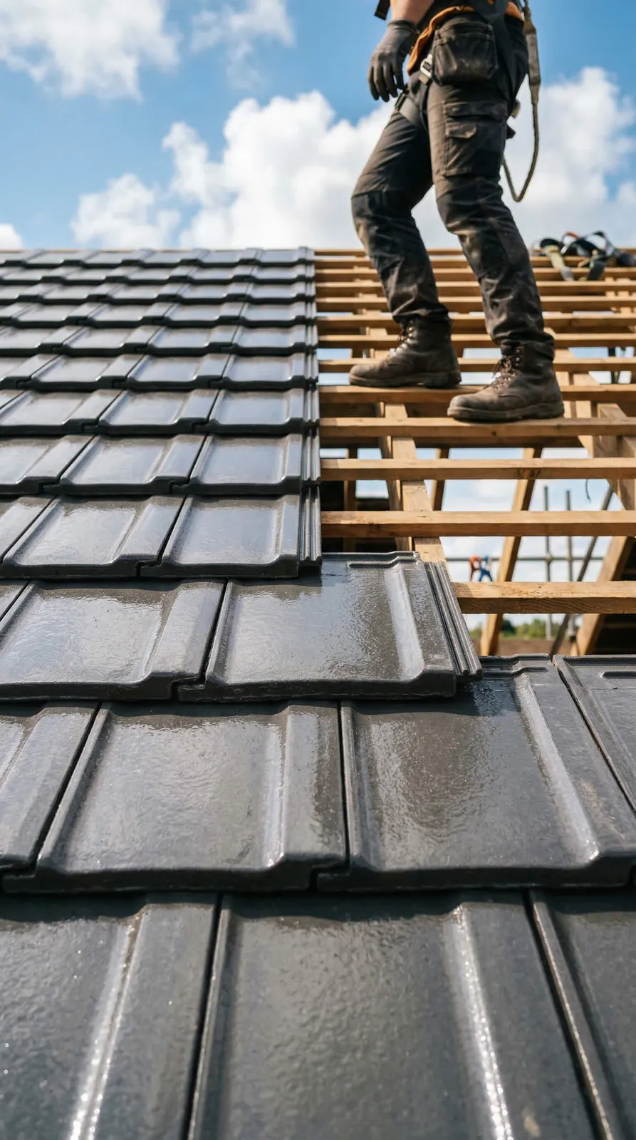 A roofer walking on battens over new dark tiles