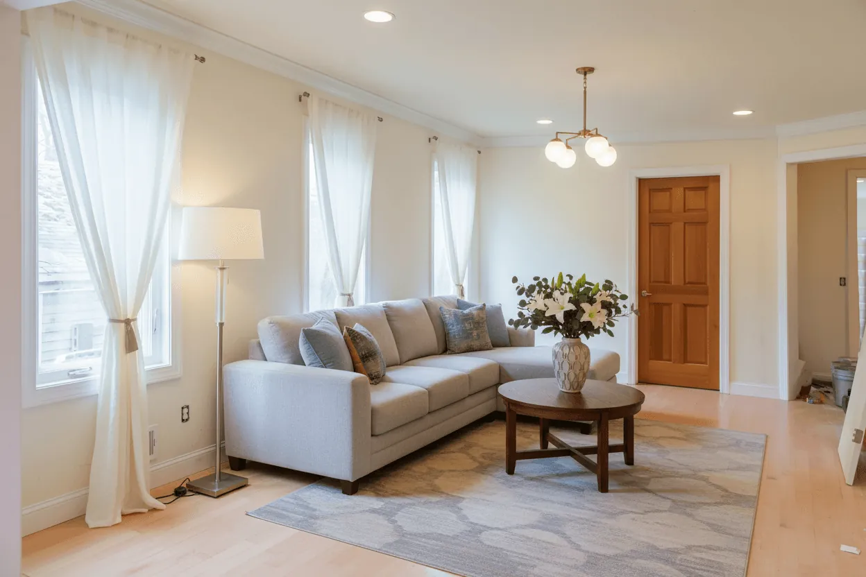 A finished cream living room with a sofa and a round coffee table