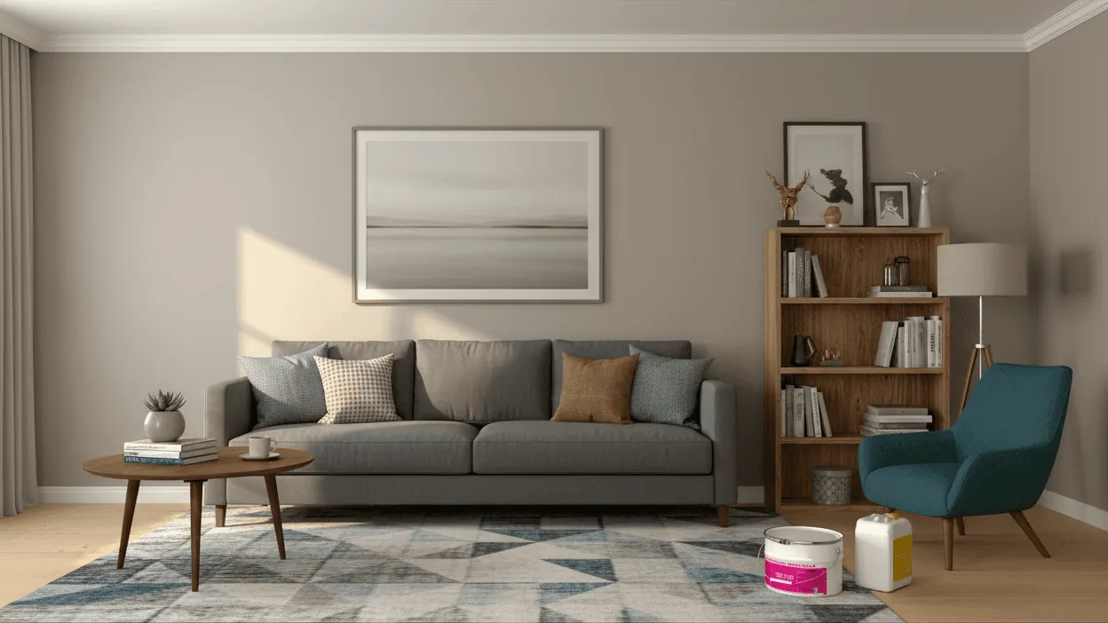A finished living room with a grey sofa and a patterned rug