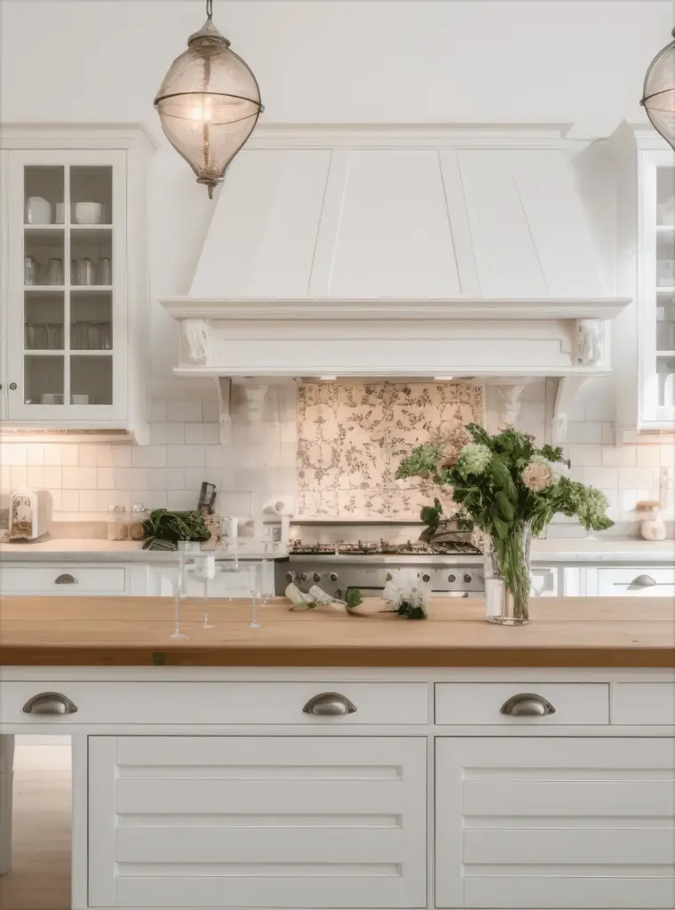 A white kitchen with a carved range hood and fresh flowers