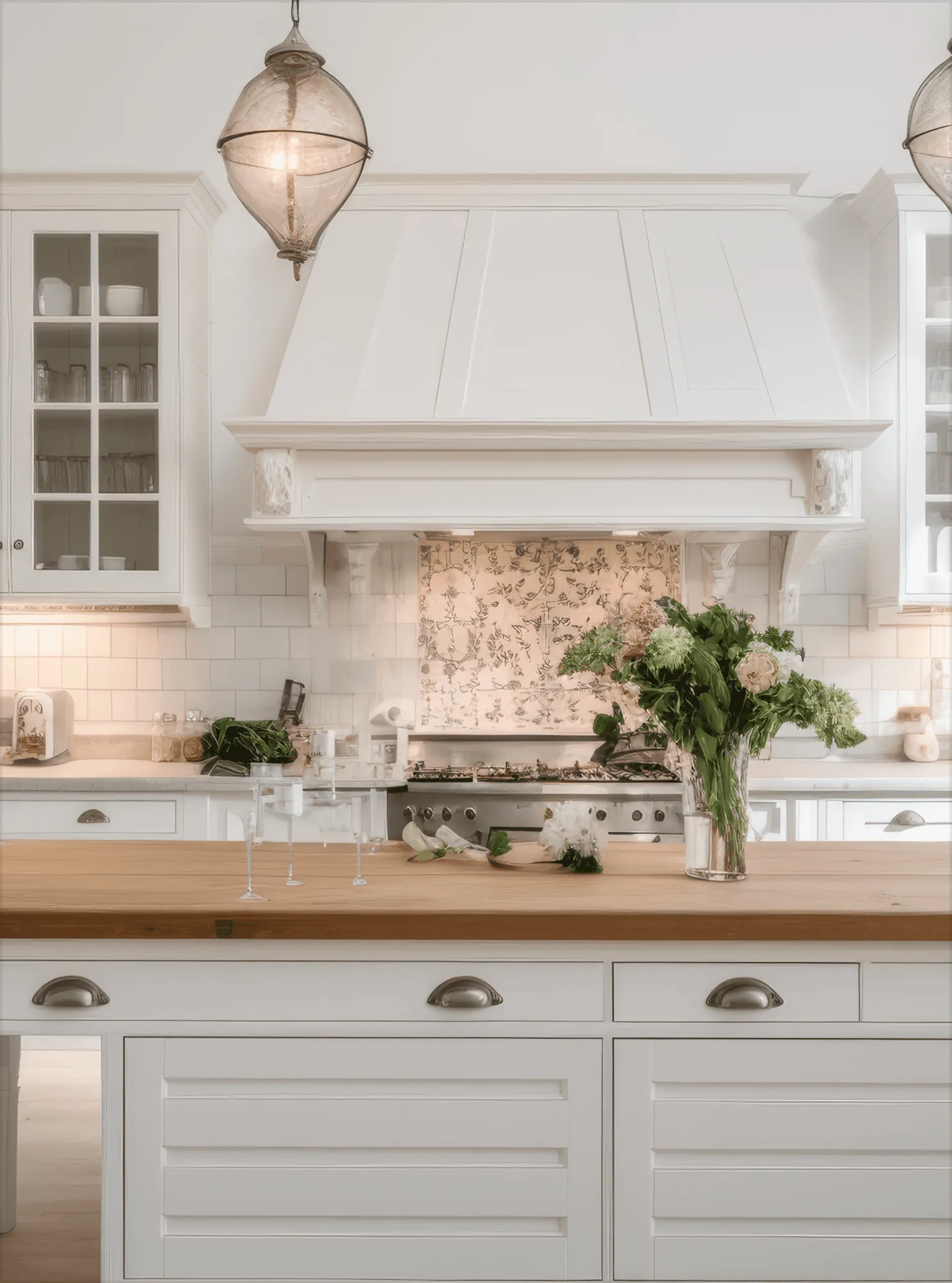 A white kitchen with a carved range hood and fresh flowers