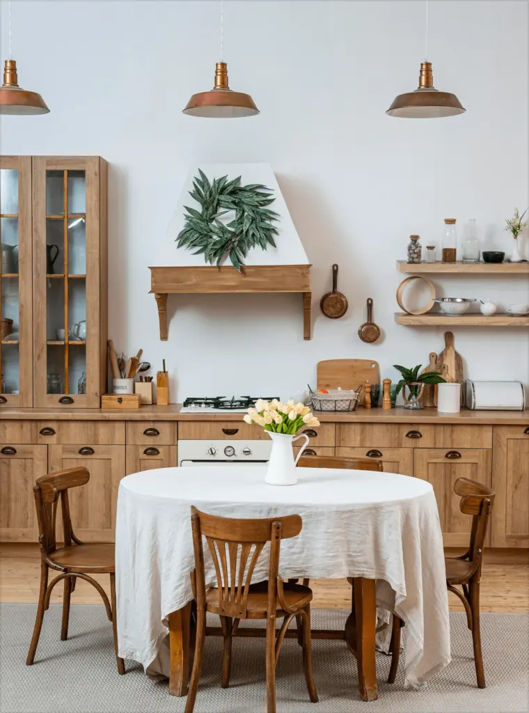 A country kitchen with a round dining table and wooden chairs