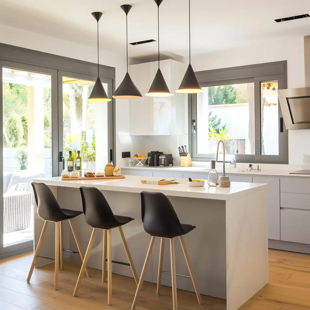 A kitchen island with black pendant lamps and black stools