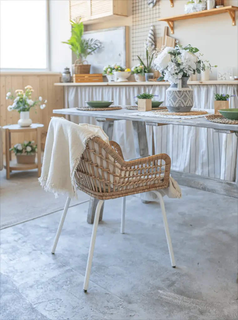 A rattan chair at a table by a sunny kitchen window