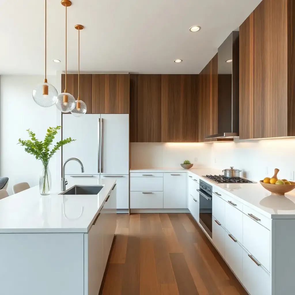 A white and walnut kitchen with glass pendant lights