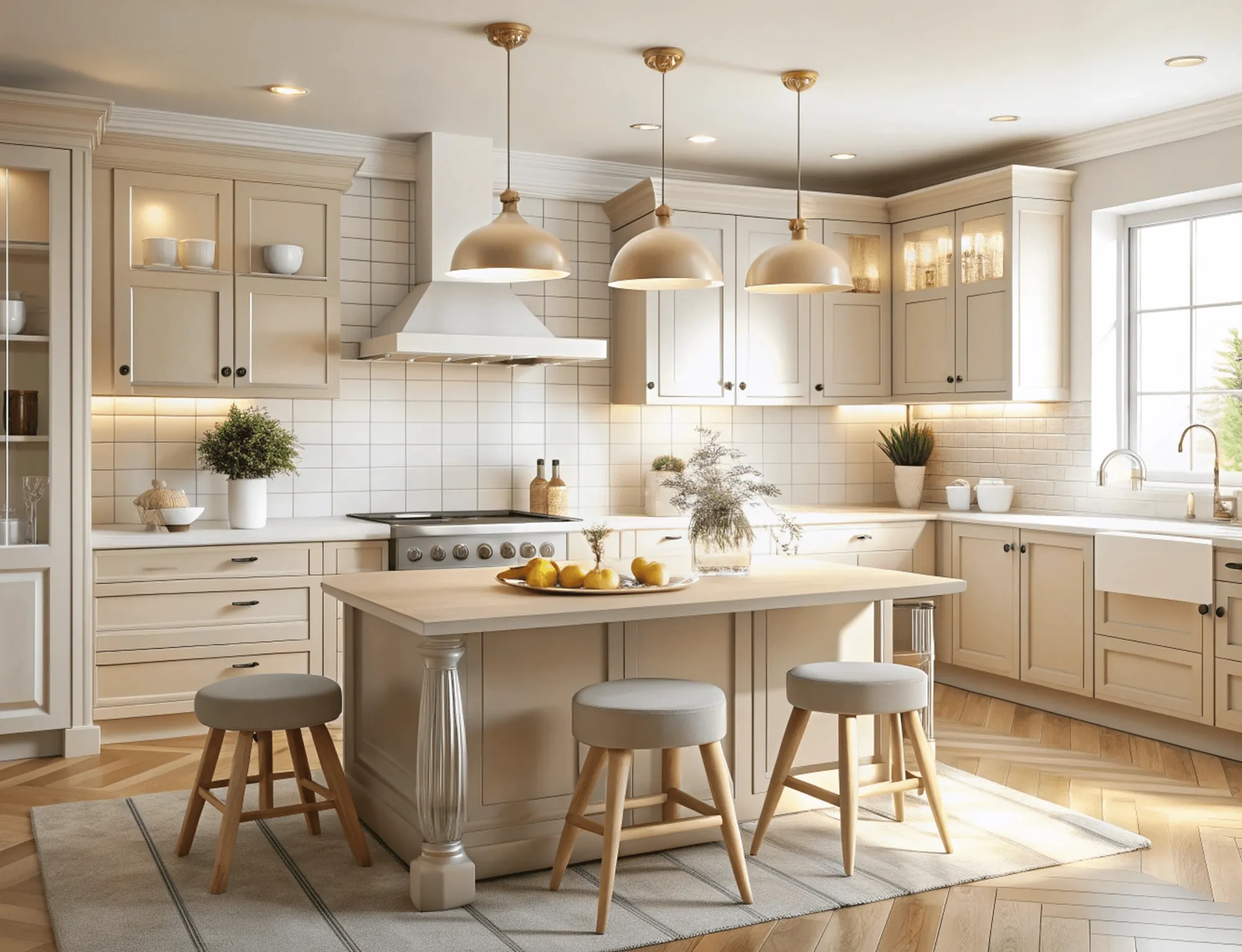 A beige kitchen with an island and brass pendant lights