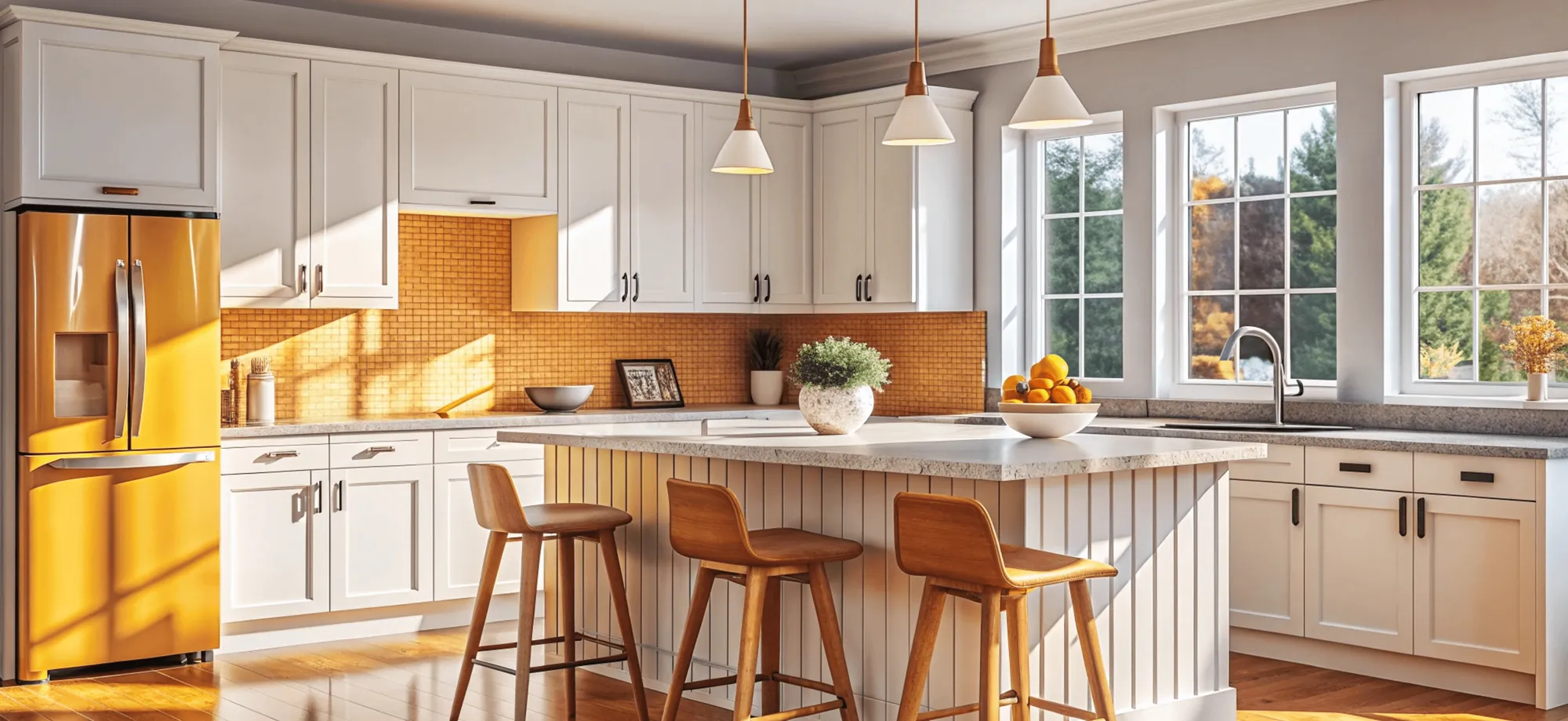 A cream kitchen with an orange tiled wall and wooden bar stools
