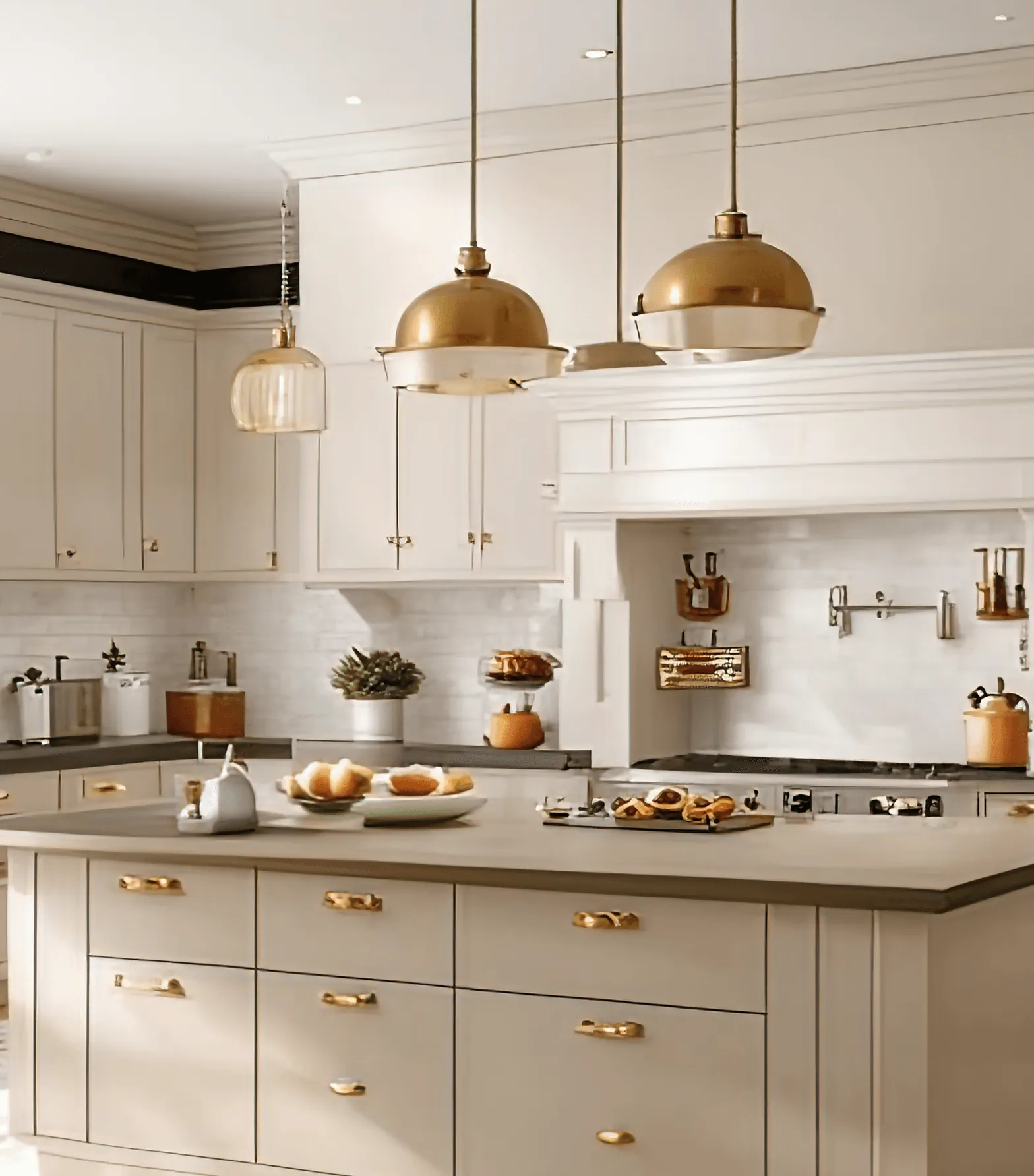 A cream kitchen with brass pendant lamps over the island